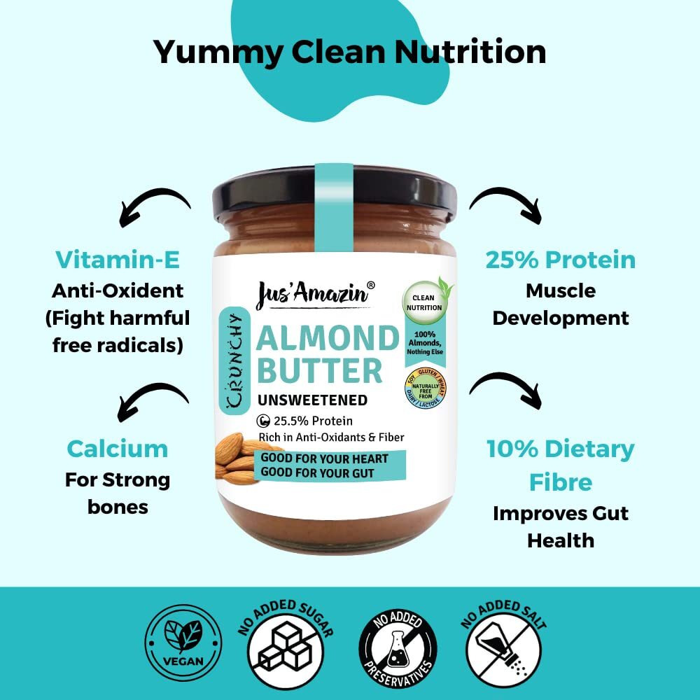 Jus Amazin Crunchy Almond Butter - Unsweetened (500 Gm)|25% Protein|Whole Almonds (100% Pure)|Zero Additives|100% Natural|Vegan|Dairy Free|Keto|Plant Based Nutrition|Clean Nutrition