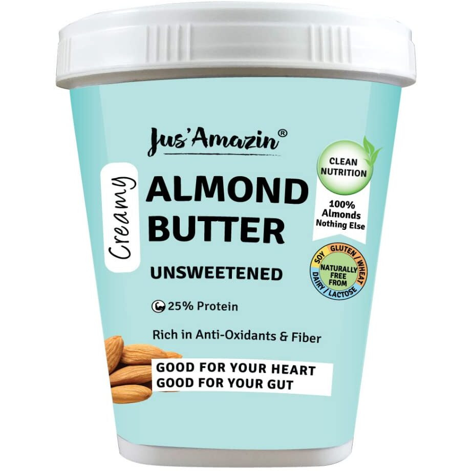 Jus Amazin Creamy Almond Butter - Unsweetened (1 Kg Tub) | 25% Protein | Only Whole Almonds (100% Pure) | Zero Additives | Dairy Free Vegan Butter | Keto | Plant Based Nutrition | Clean Nutrition