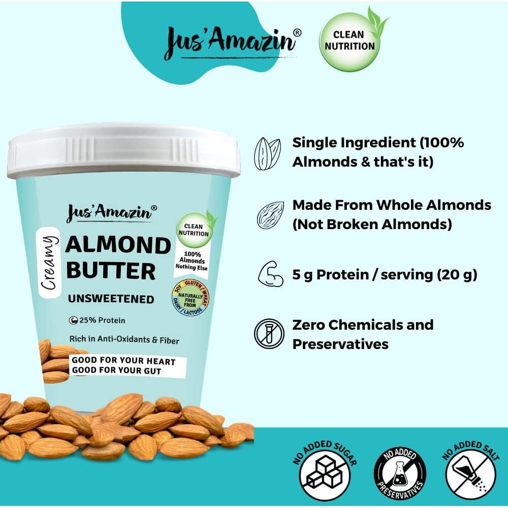 Jus Amazin Creamy Almond Butter - Unsweetened (1 Kg Tub) | 25% Protein | Only Whole Almonds (100% Pure) | Zero Additives | Dairy Free Vegan Butter | Keto | Plant Based Nutrition | Clean Nutrition