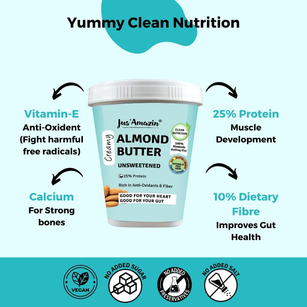 Jus Amazin Creamy Almond Butter - Unsweetened (1 Kg Tub) | 25% Protein | Only Whole Almonds (100% Pure) | Zero Additives | Dairy Free Vegan Butter | Keto | Plant Based Nutrition | Clean Nutrition