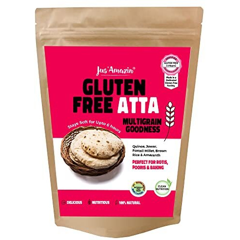 Jus Amazin Certified Gluten Free Atta (1kg) | Makes Fluffy & Soft Chapatis | Multigrain (Millets, Quinoa, Amaranth) | Certified Gluten Free (Lab Tested) | Multipurpose (Chapati, Poori, Paratha, Baking)