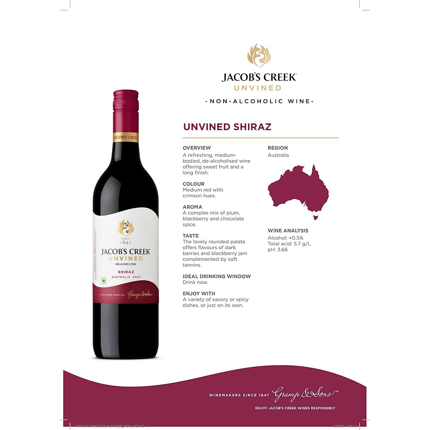 Jacobs Creek Unvined Shiraz Non Alcoholic Red Grape Still Wine 750Ml (Pack Of 2 Bottles)