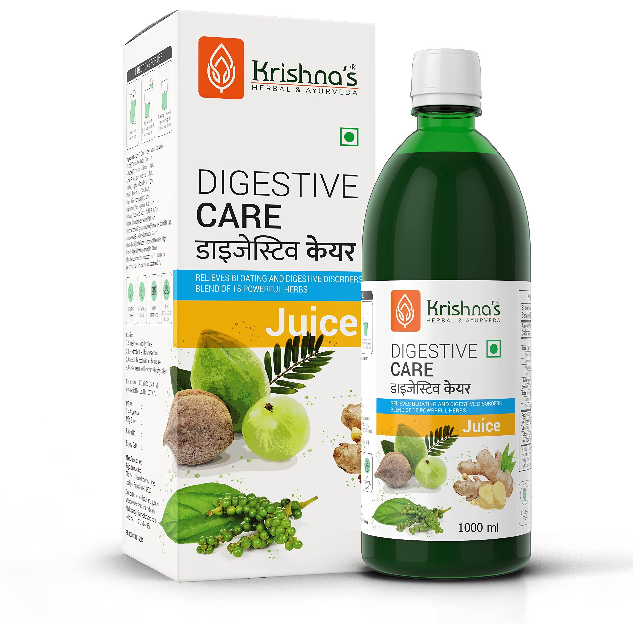 KRISHNAS HERBAL & AYURVEDA Digestive Care Juice - 1000 ml | Goodness Of Amla, Ginger, Chitrak, Anaardana, Baheda For To Help In Digestion And Metabolism, Pack of 1