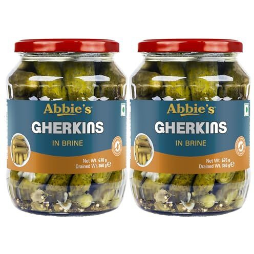Abbies Gherkins Big in Brine, 680g, Pack of 2 Ready to Eat | Zero Fat Crunchy Pickle | Perfect Topping for Pizza, Pasta, Sandwich, Burger, Salad , Snacks and More |