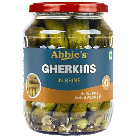 Abbies Gherkins Big in Brine, 680g, Pack of 2 Ready to Eat | Zero Fat Crunchy Pickle | Perfect Topping for Pizza, Pasta, Sandwich, Burger, Salad , Snacks and More |