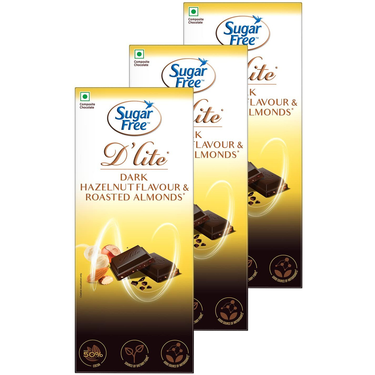 Sugar Free Dlite Hazelnut & Almonds Dark Chocolate Bar, 80 Grams (Pack of 3)