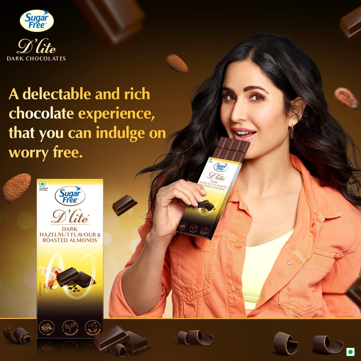 Sugar Free Dlite Hazelnut & Almonds Dark Chocolate Bar, 80 Grams (Pack of 3)