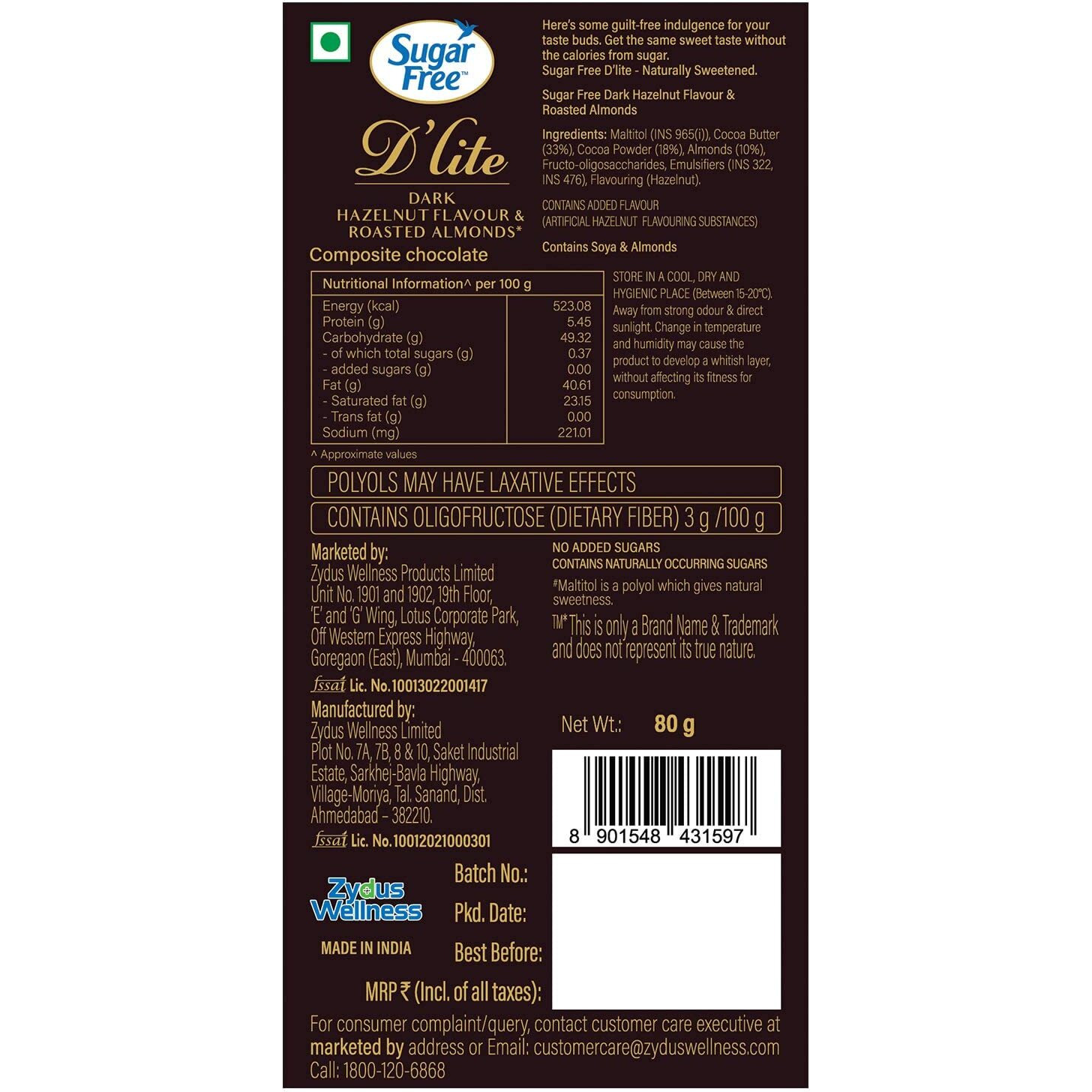 Sugar Free Dlite Hazelnut & Almonds Dark Chocolate Bar, 80 Grams (Pack of 3)
