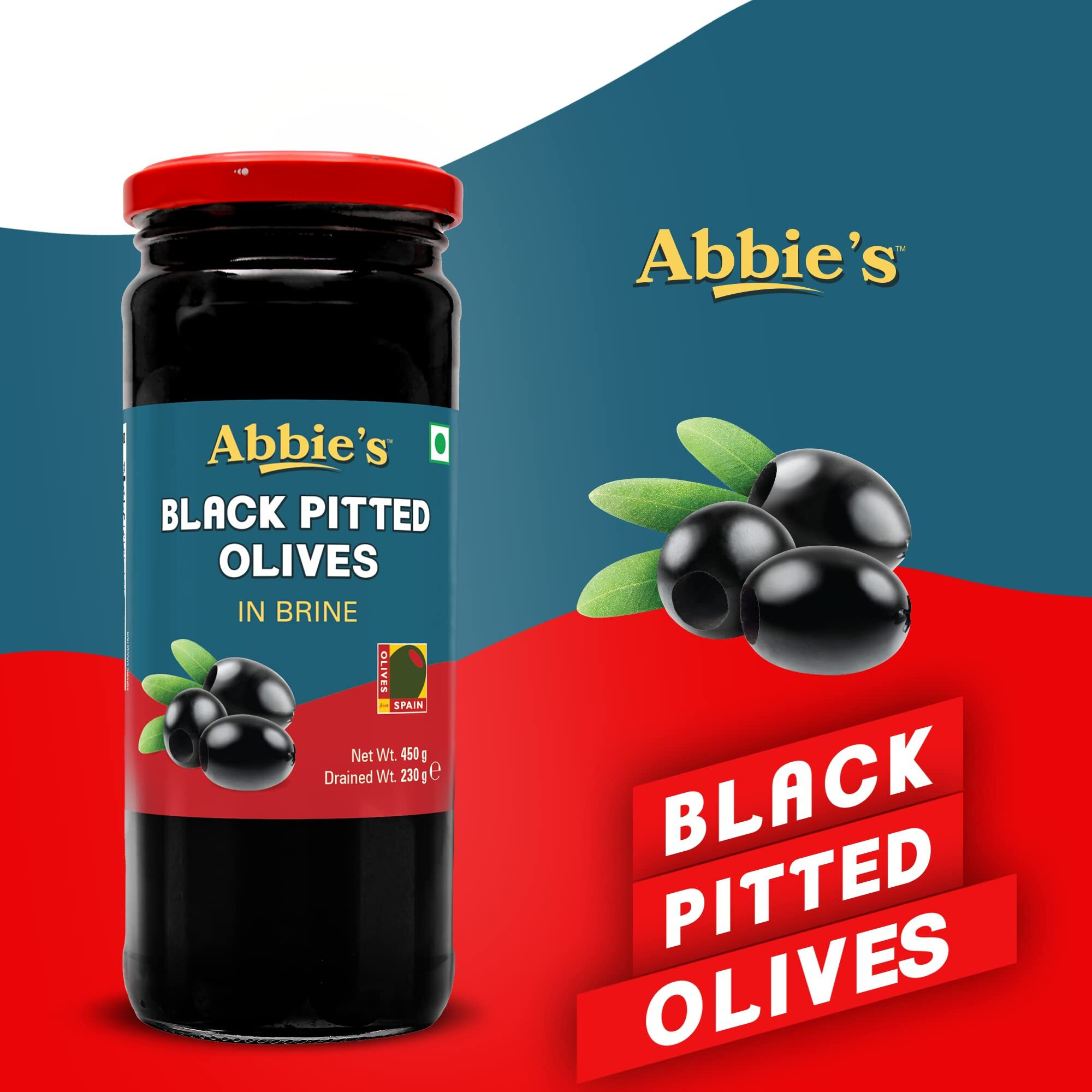 Abbies Black Pitted Olives, 450g Each (450 g x 2), Pack of 2 with Zero Fat | Best for Authentic Taste in Cooking, Snacking, Pizzas Toppings, Italian Cuisine Ingredient and More |