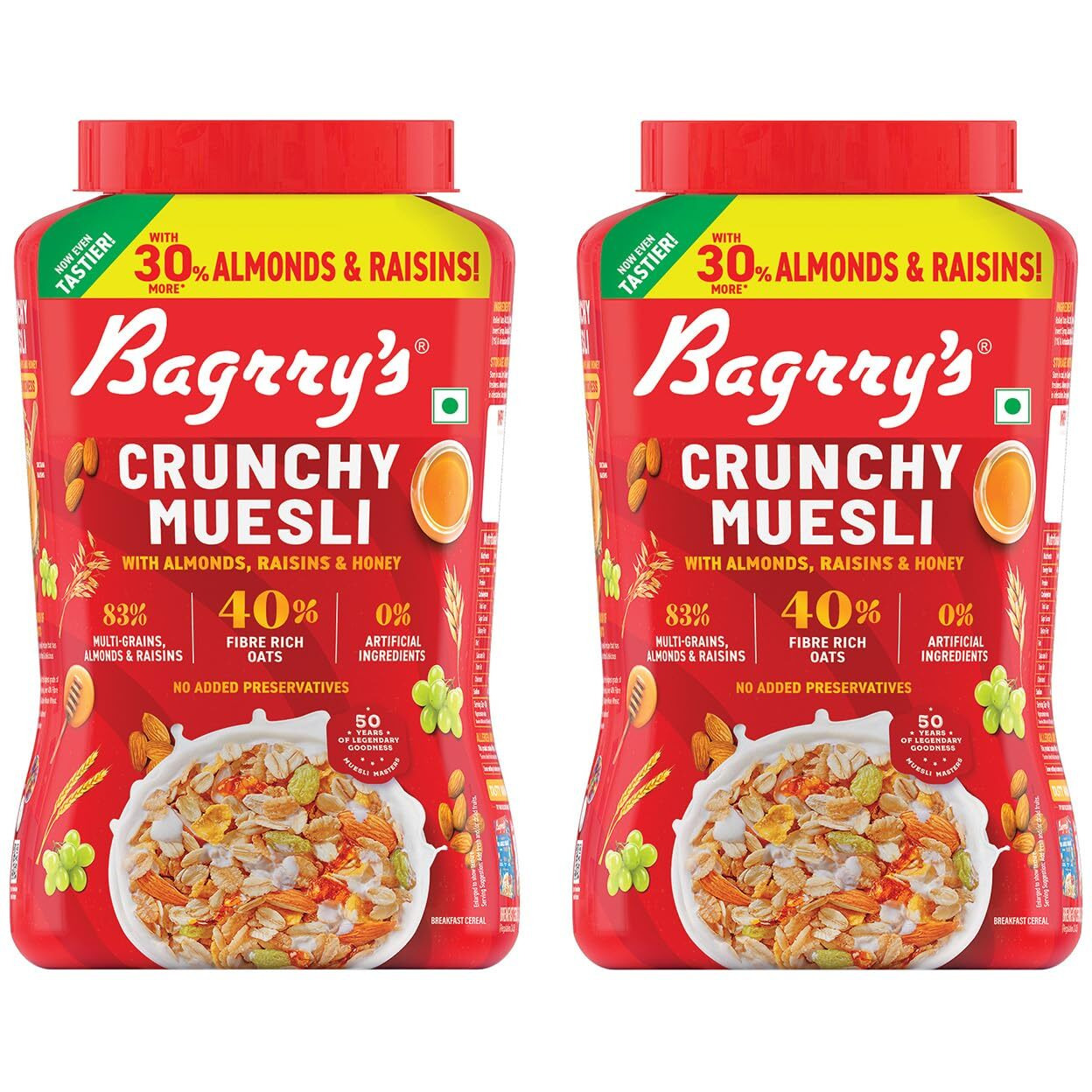 Bagrrys Crunchy Muesli | 40% Fibre Rich Oats with Bran | 82% Multi Grains, Almonds, Raisins & Honey | Breakfast Cereal | Natural Muesli, 1000g Jar, Pack of 2