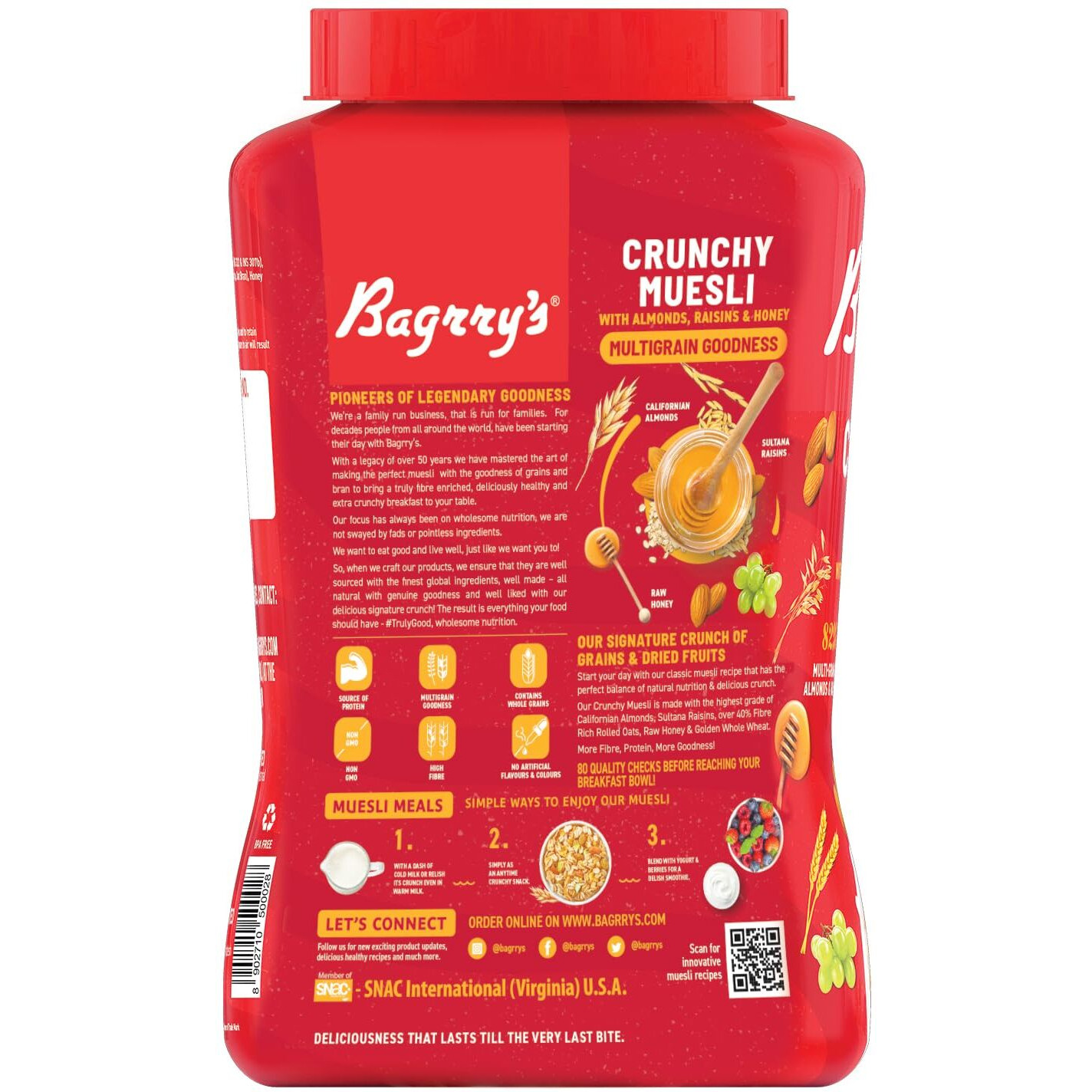 Bagrrys Crunchy Muesli | 40% Fibre Rich Oats with Bran | 82% Multi Grains, Almonds, Raisins & Honey | Breakfast Cereal | Natural Muesli, 1000g Jar, Pack of 2