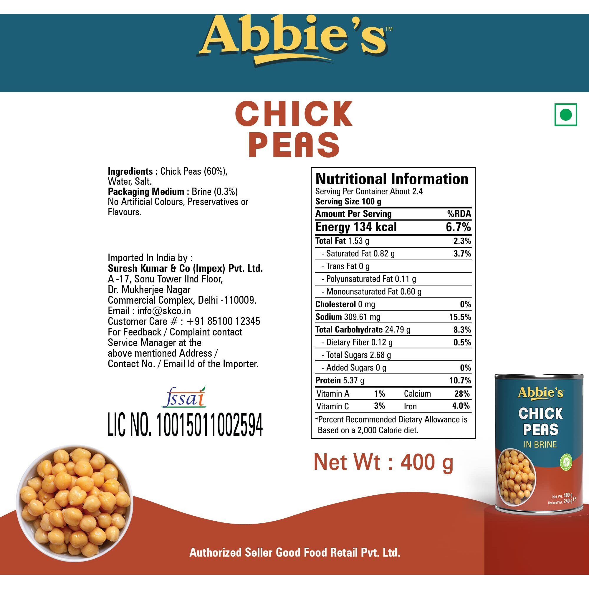 Abbies Chick Peas 1200 g (400 g X 12 units) | Precooked Chickpeas Best For Indian Curry, Salad, Boiled | Ready To Eat & Ready To Cook Chickpeas (Set of 12)