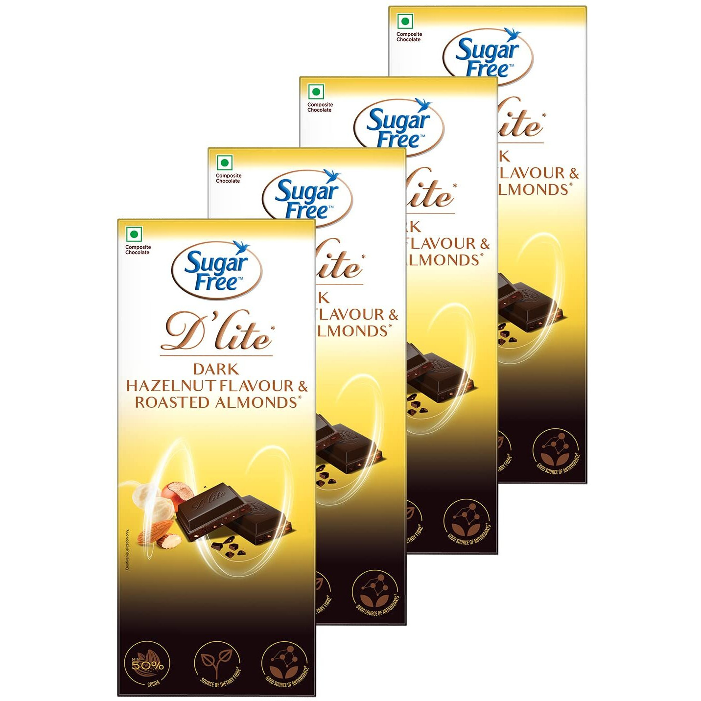 Sugar Free Dlite Hazelnut & Almonds Dark Chocolate Bar, 80 Gram (Pack of 4)