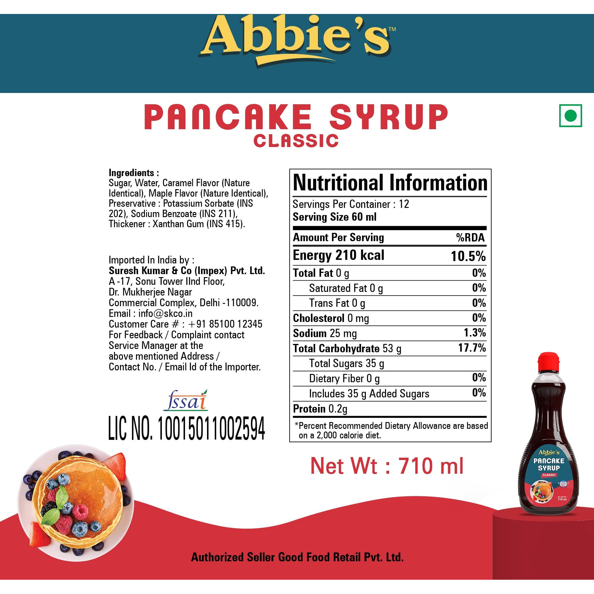 Abbies Pancake Syrup, 710ml, Pack of 2 | Authentic American Recipe | Use on Pancakes, Waffles, Ice Creams, Crepes, French Toast