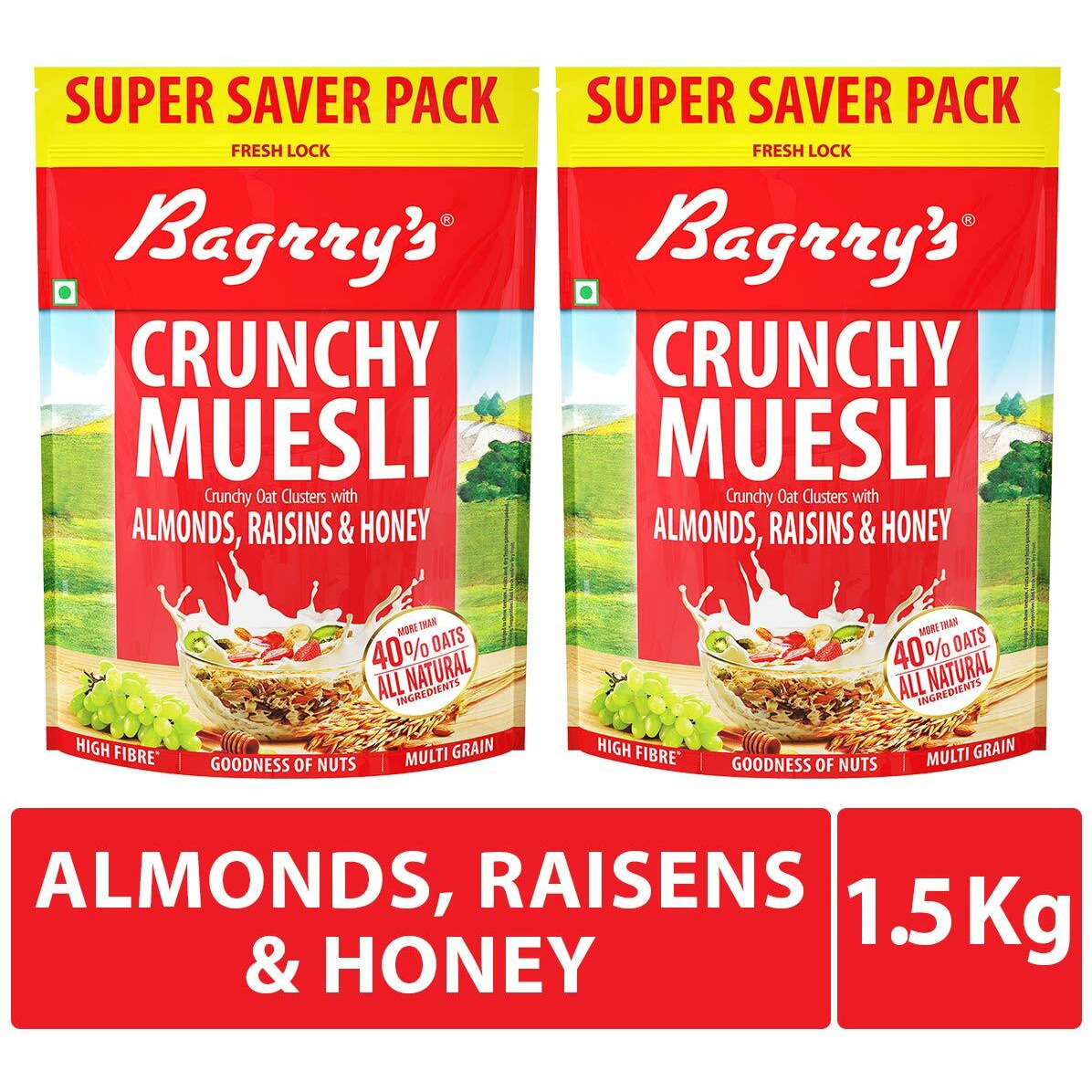 Bagrrys Crunchy Muesli | 40% Fibre Rich Oats with Bran | 82% Multi Grains, Almonds, Raisins & Honey | Breakfast Cereal | Natural Muesli, 750 GM Pouch (Pack of 2)