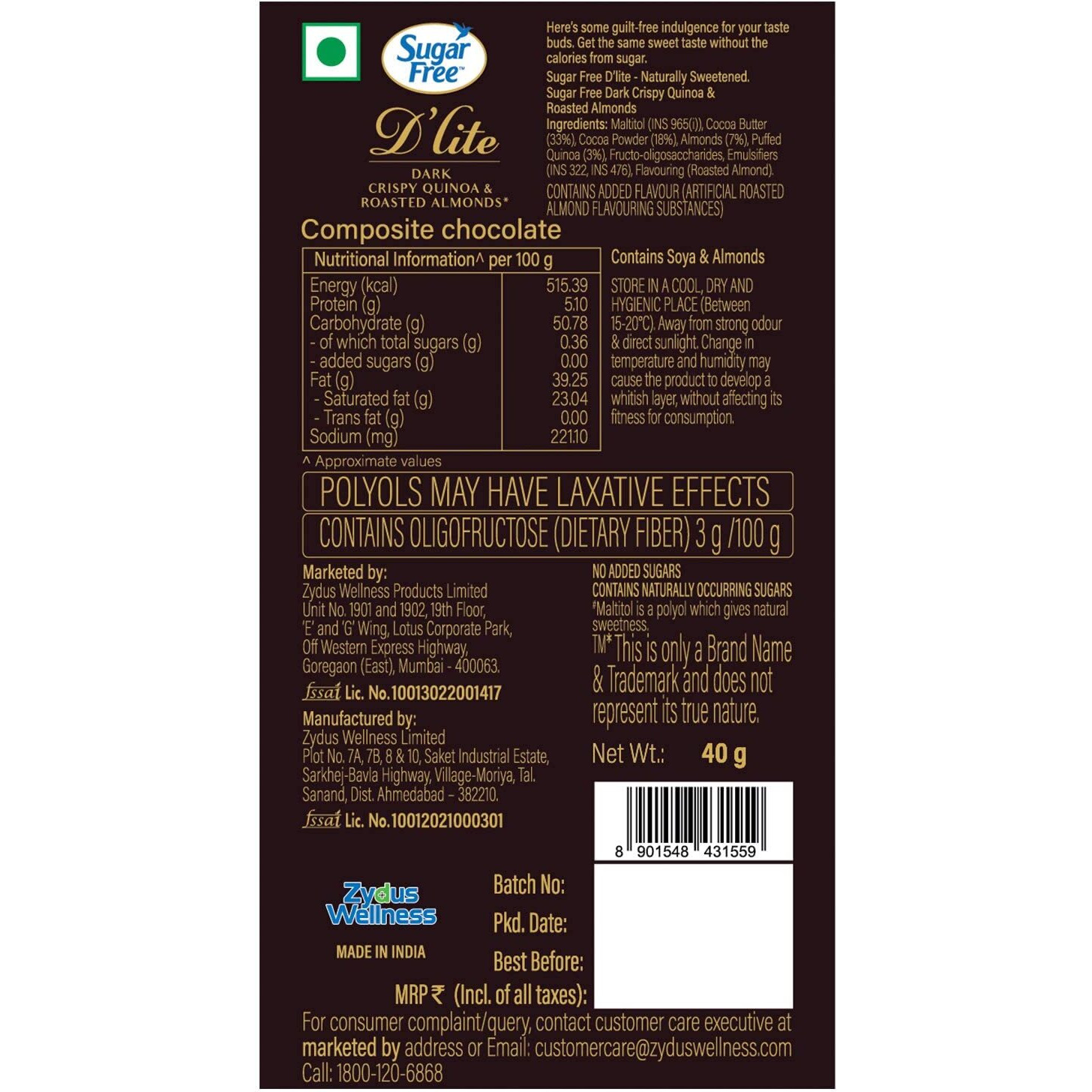Sugar Free Dlite Quinoa & Almonds Dark Chocolate Bar, 40Gm (Pack of 6)