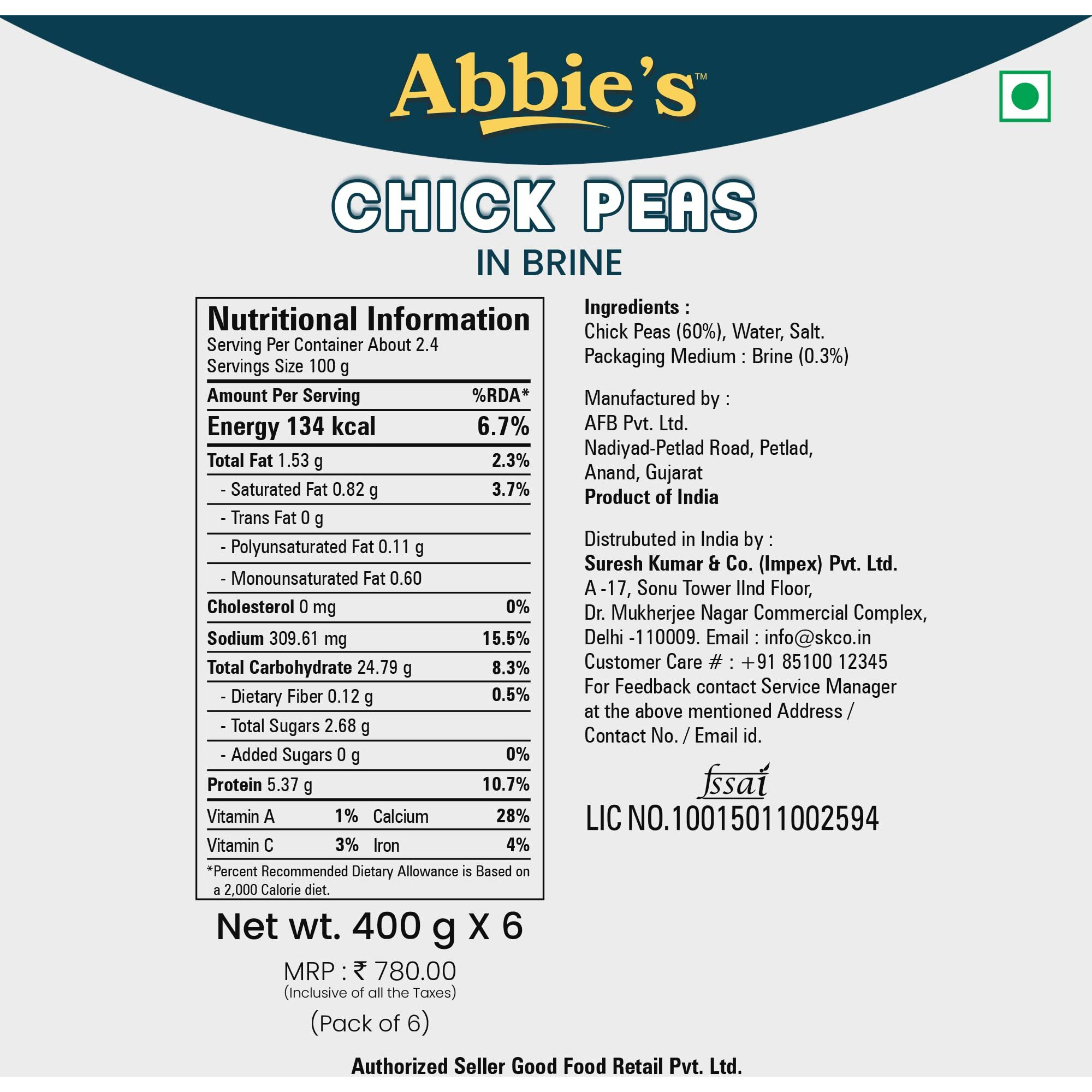 Abbies Chick Peas 2400 g (400 g X 6 units) | Precooked Chickpeas Best For Indian Curry, Salad, Boiled | Ready To Eat & Ready To Cook Chickpeas (Set of 6)