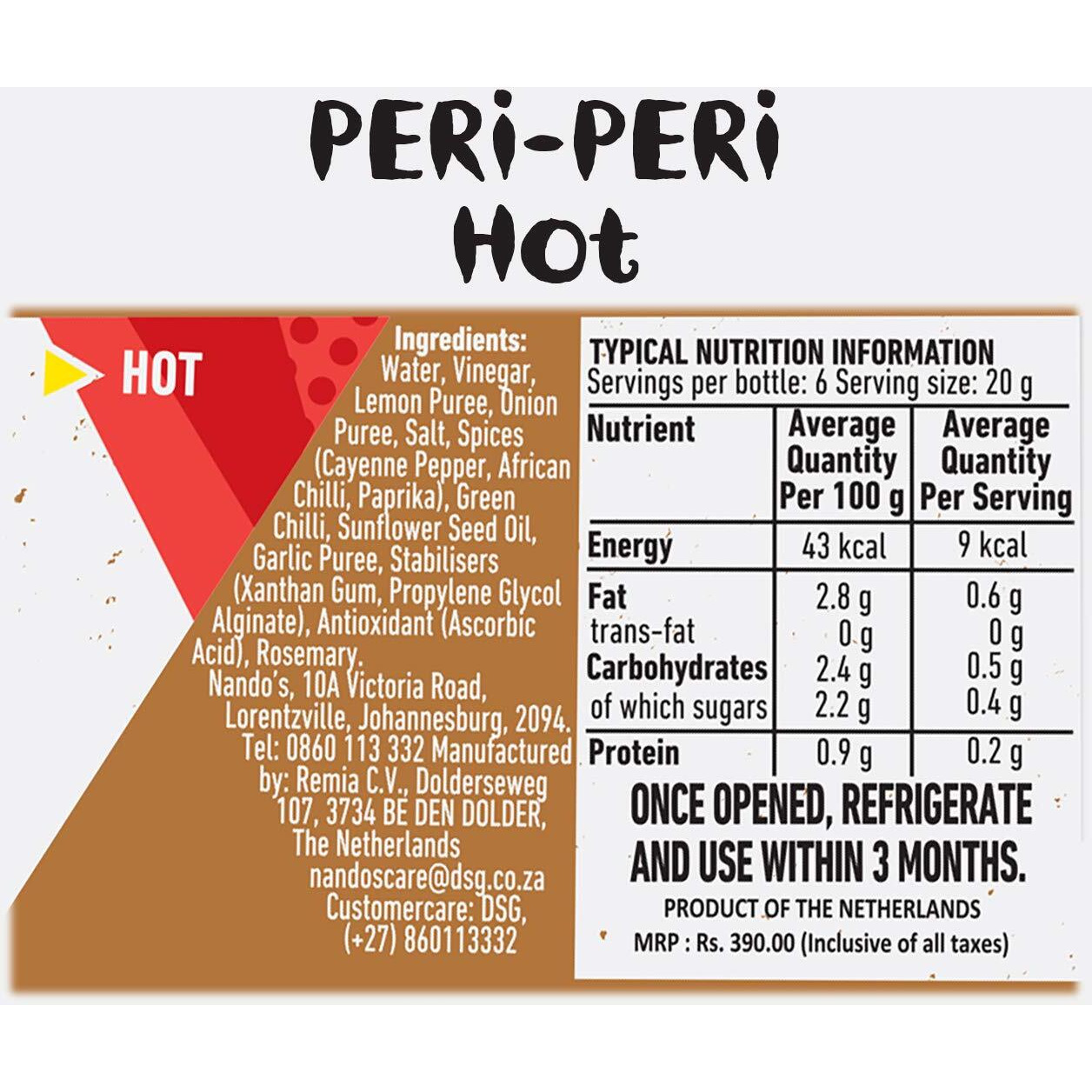 Nandos Peri Peri Chilli Sauce - Hot, 250 Gram, Pack Of 2, Product Of The Netherlands