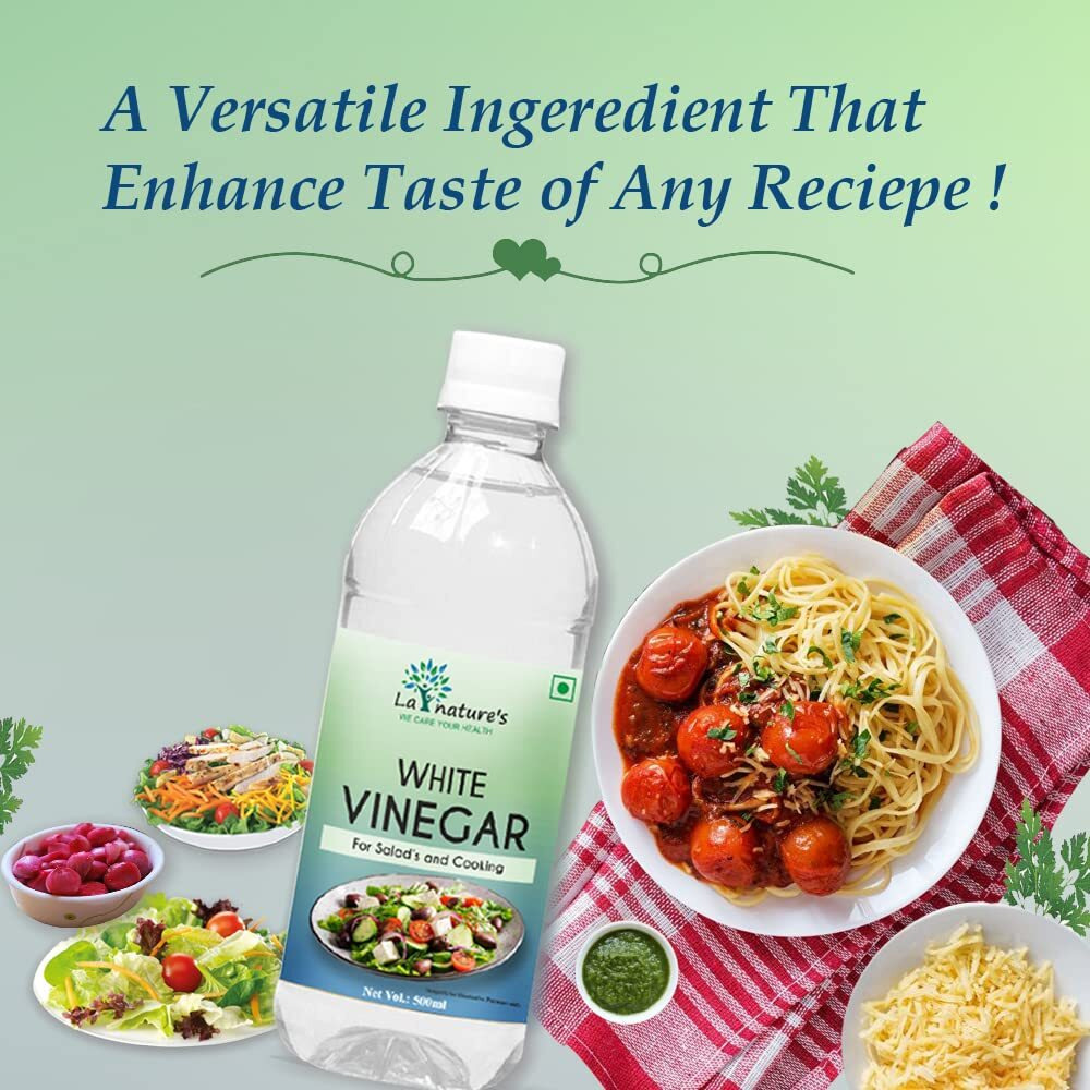 LA NATURES WE CARE YOUR HEALTH Distilled White Vinegar Versatile Cooking Aid Natural Cleaner Best For Salad Dressing&Cooking Helps In Digestion Boost Immunity With 5% Acidity Pack Of 500 Ml X 3