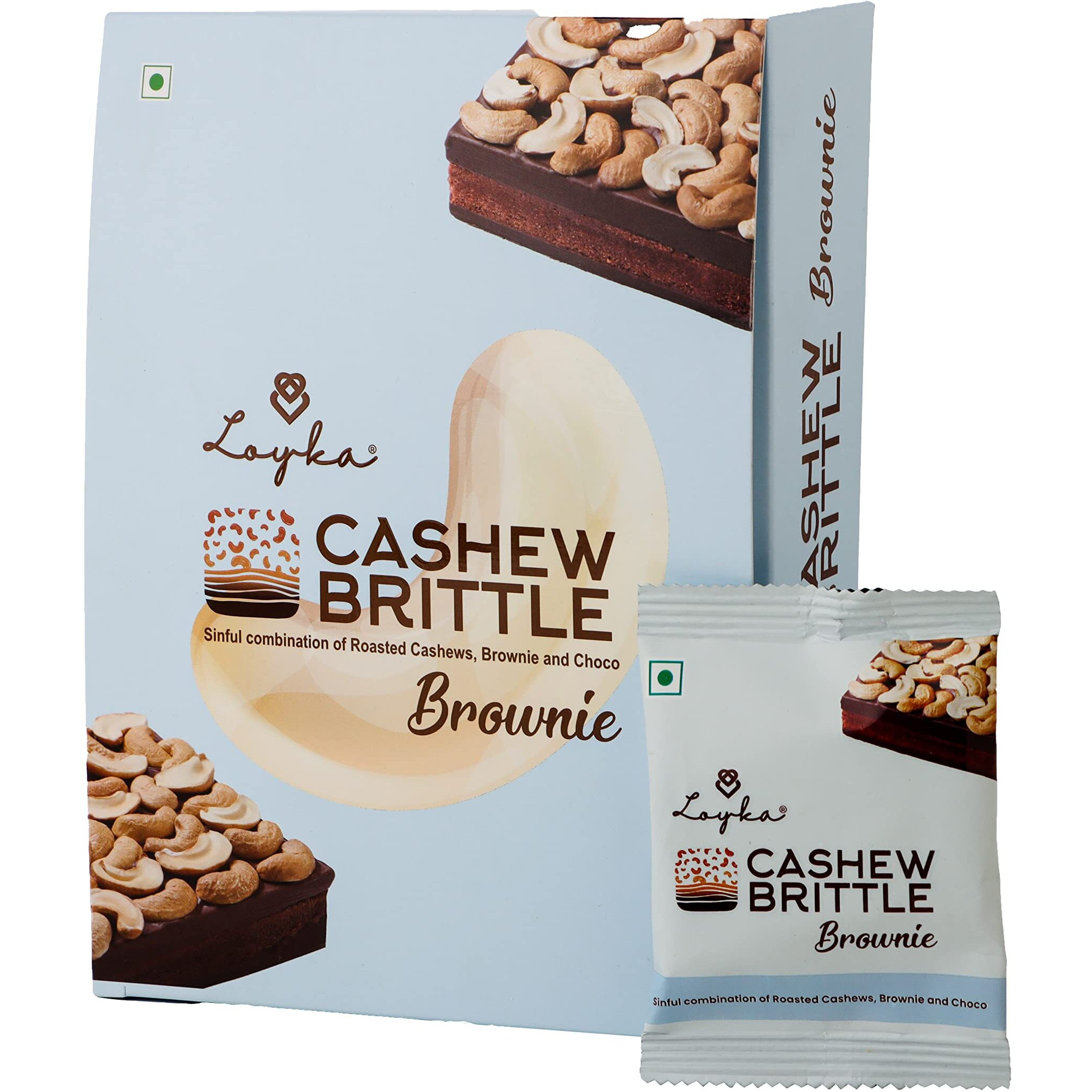 Loyka Cashew Brittle Brownie Box - 12 pcs | Premium Chocolate Gift Hamper | Choco & Nut Dryfruit Delicacy | Roasted Cashewnut (45%), Crunchy Brownie & Dark Choco | Any-time snack