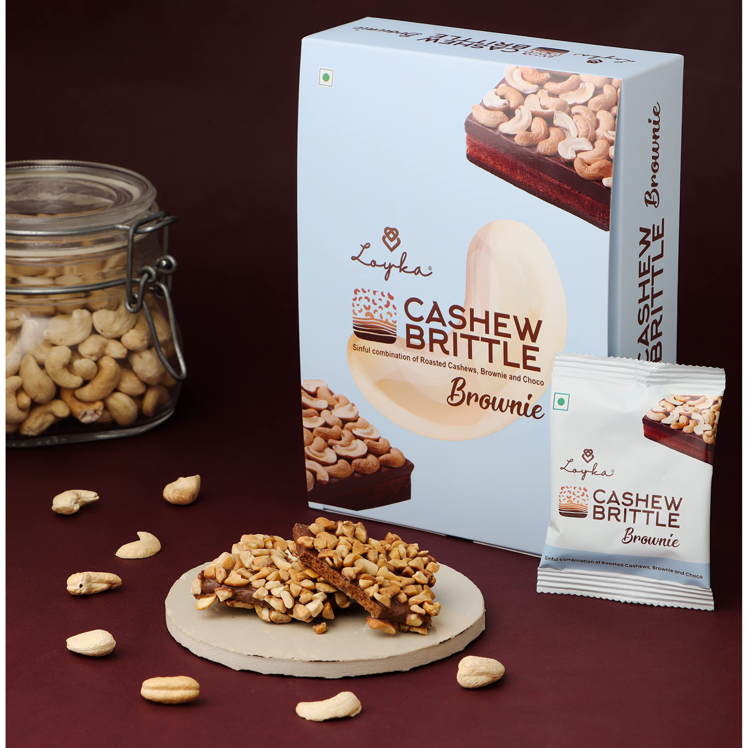 Loyka Cashew Brittle Brownie Box - 12 pcs | Premium Chocolate Gift Hamper | Choco & Nut Dryfruit Delicacy | Roasted Cashewnut (45%), Crunchy Brownie & Dark Choco | Any-time snack
