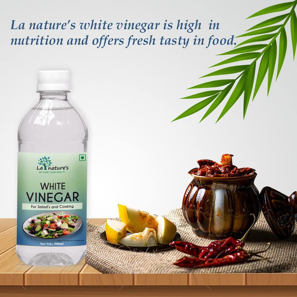 LA NATURES WE CARE YOUR HEALTH Distilled White Vinegar Versatile Cooking Aid Natural Cleaner Best For Salad Dressing&Cooking Helps In Digestion Boost Immunity With 5% Acidity Pack Of 500 Ml X 2