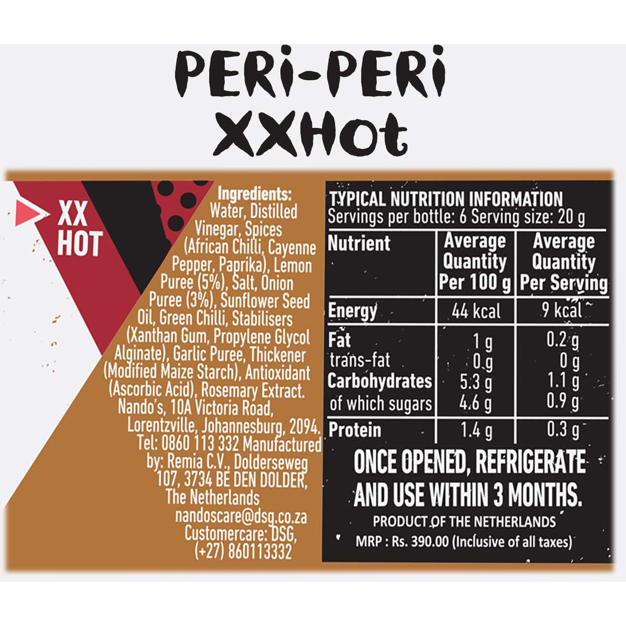 Nandos Peri Peri Chilli Sauce - Xx Hot, 250G, Pack Of 2, Product Of The Netherlands - 950 Gm