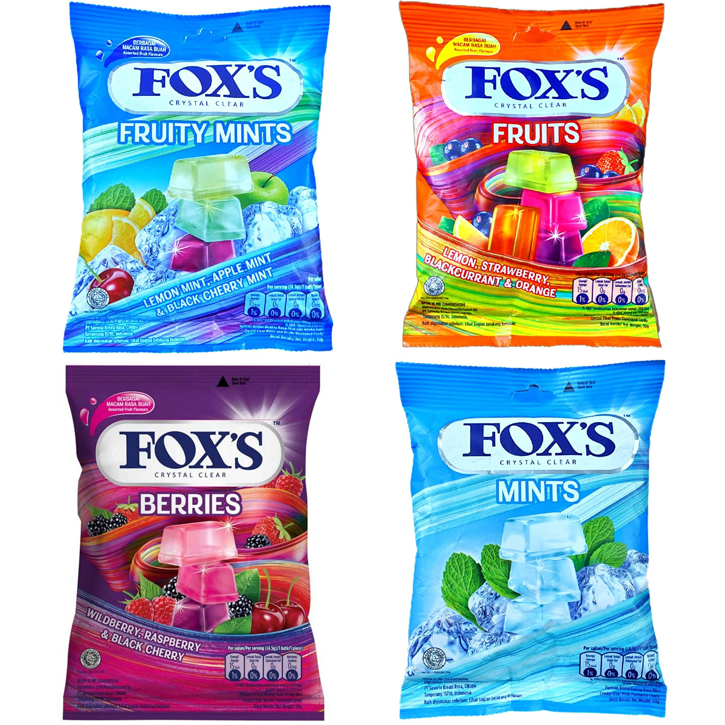 Foxs Crystal Clear Candy- Mints Candy, Fruits Candy, Berries Candy And Fruity Mints Candy 90 Grams Each- Combo Pack Of 4