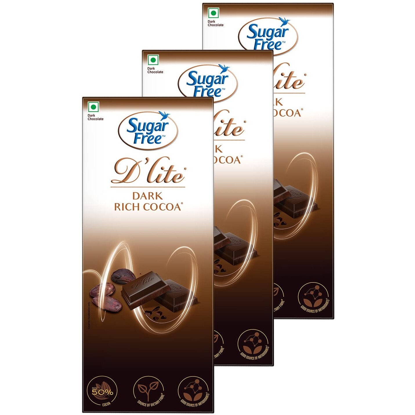 Sugar Free Dlite Rich Cocoa Dark Chocolate Bar, 80 Grams (Pack of 3)