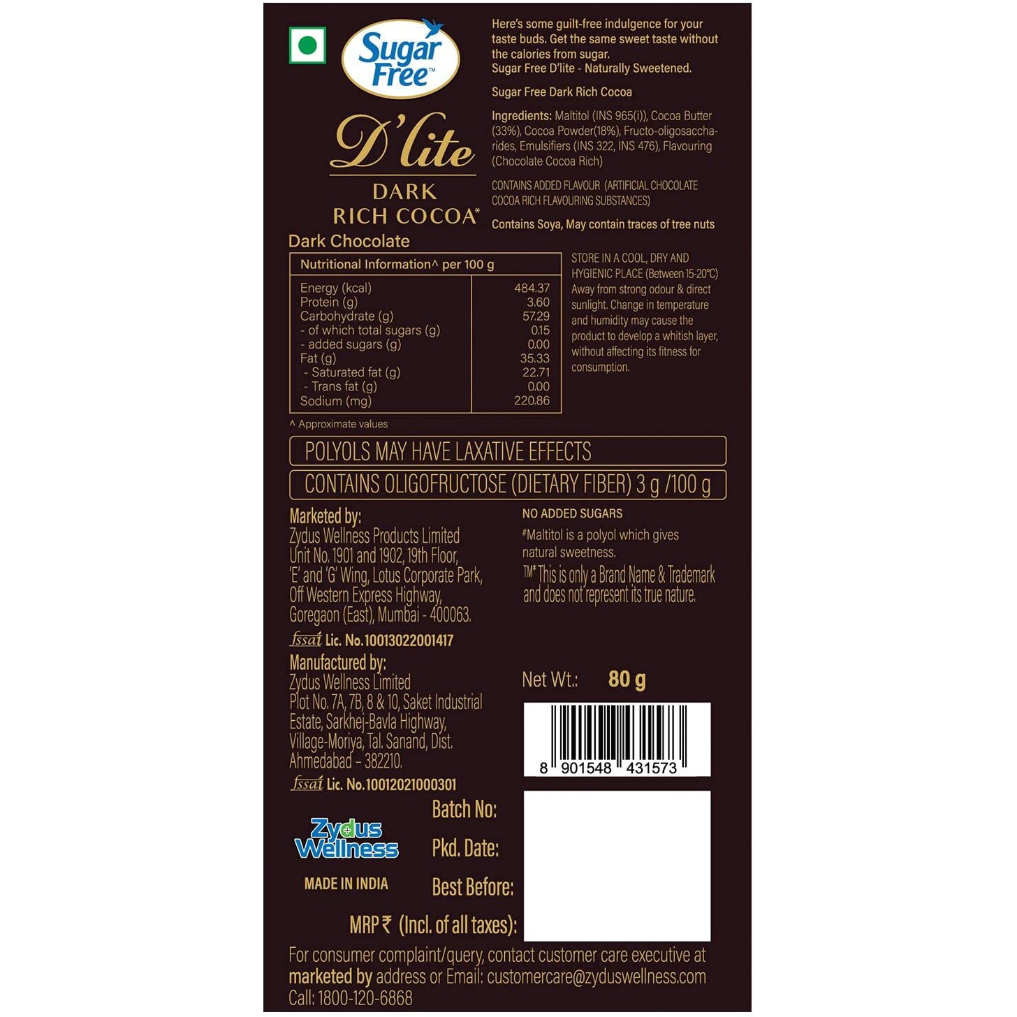 Sugar Free Dlite Rich Cocoa Dark Chocolate Bar, 80 Grams (Pack of 3)