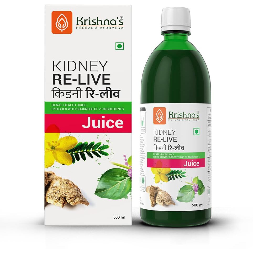Krishnas Kidney Re-Live Juice - 500 ml (Pack of 4) For healthy kidneys | Enriched with 23 herbs like Pashanbhed, Pushkarmool, Kaunch Beej, Arjun Chaal, Gokhru | Sugar free Juice with No Added Color or Flavour