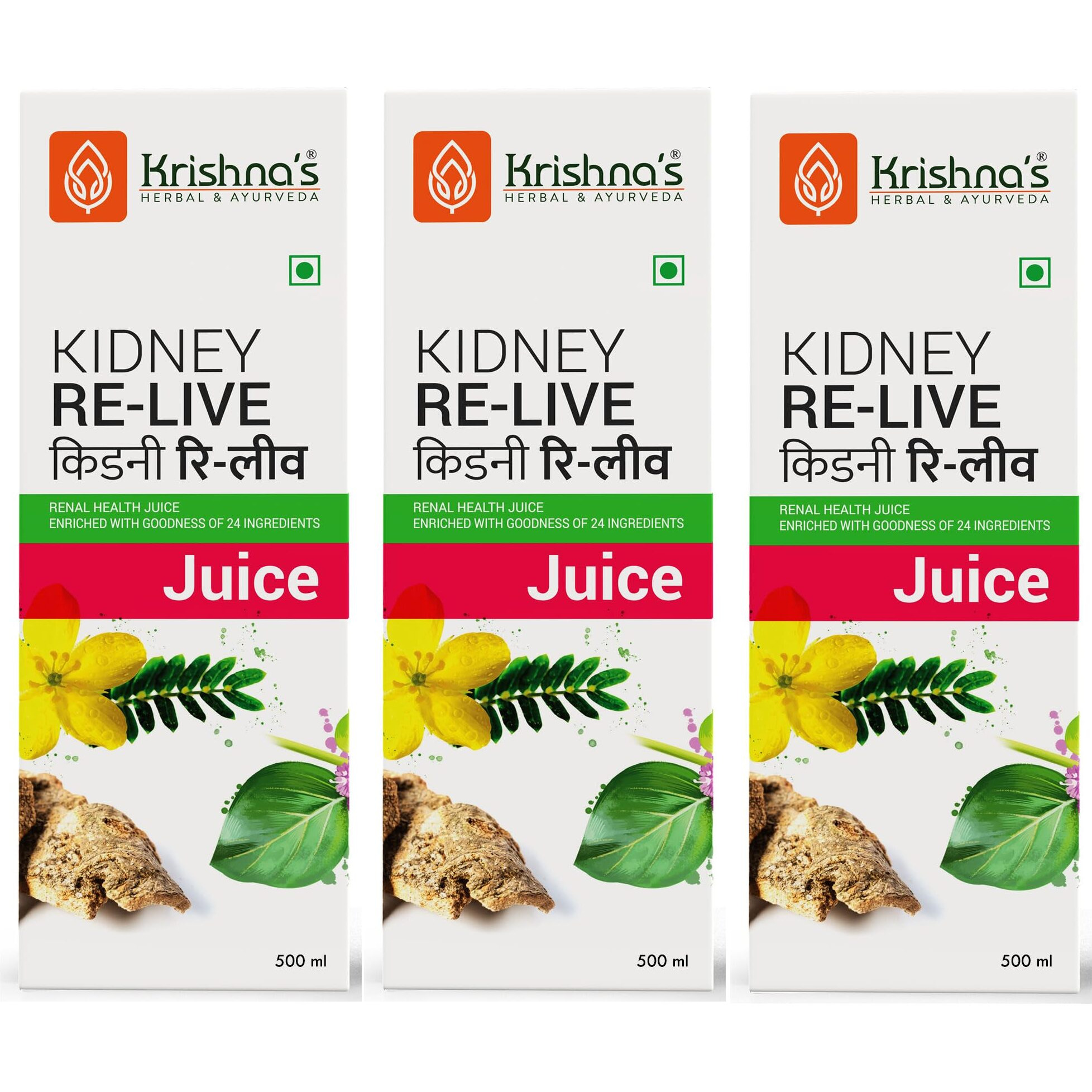 Krishnas Kidney Re-Live Juice - 500 ml (Pack of 3) For healthy kidneys | Enriched with 23 herbs like Pashanbhed, Pushkarmool, Kaunch Beej, Arjun Chaal, Gokhru | Sugar free Juice with No Added Color or Flavour
