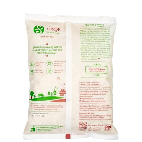 S Siddhagiris SATVYK THE HEALTH re STORE Organic Basmati Rice (1kg) - Handpounded | Long Grain Basmati Rice | Biryani Basmati Rice | Gluten Free Basmati Rice | Rich in Fiber | Healthy & Wholesome Basmati Rice | Organic Aged Rice | Ideal for Daily Cooking