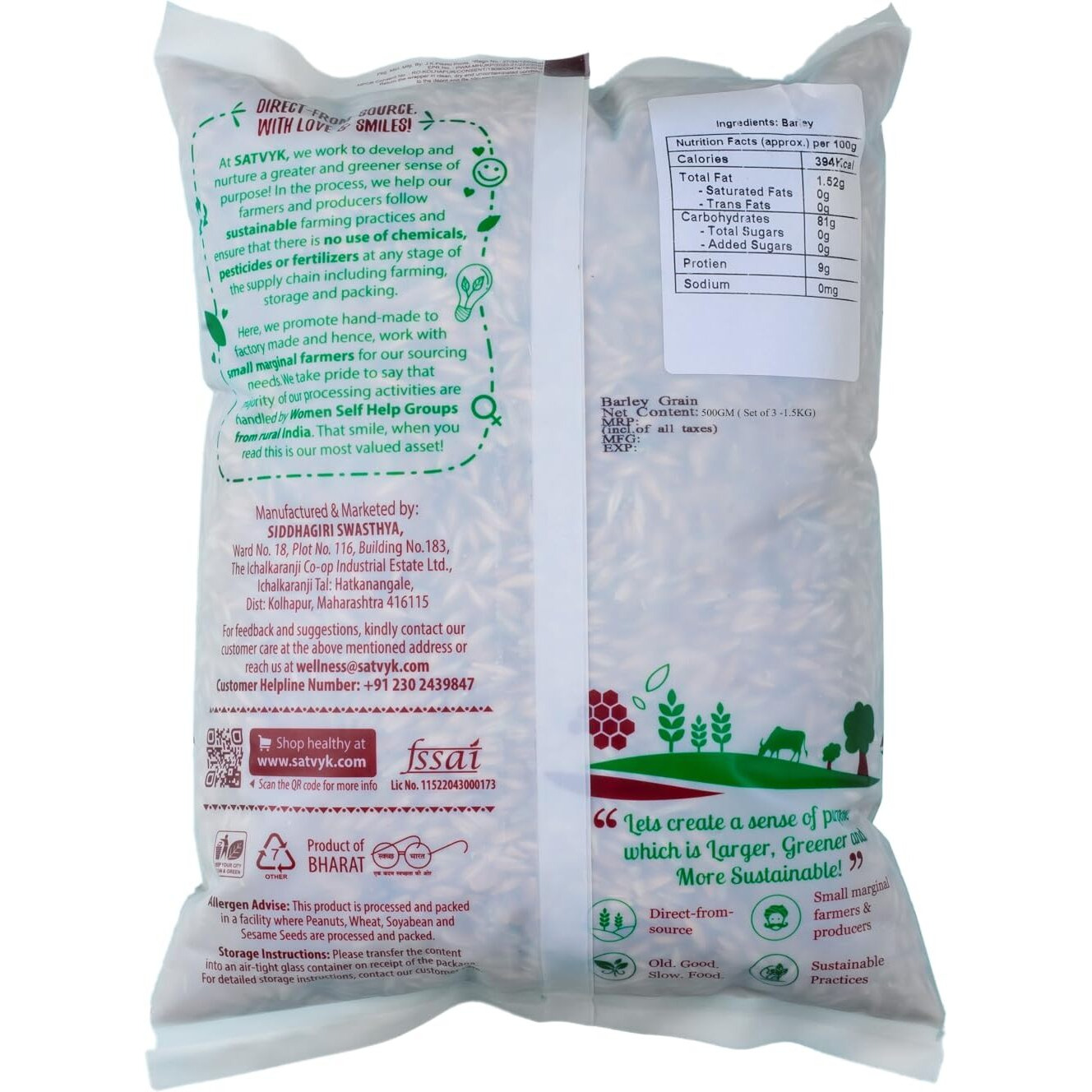 S Siddhagiris SATVYK THE HEALTH re STORE Organic Barley Whole Grain (Set of 3 - 1.5kg) - High Fiber | Jau | Whole Grain Jau | Non-Hulled