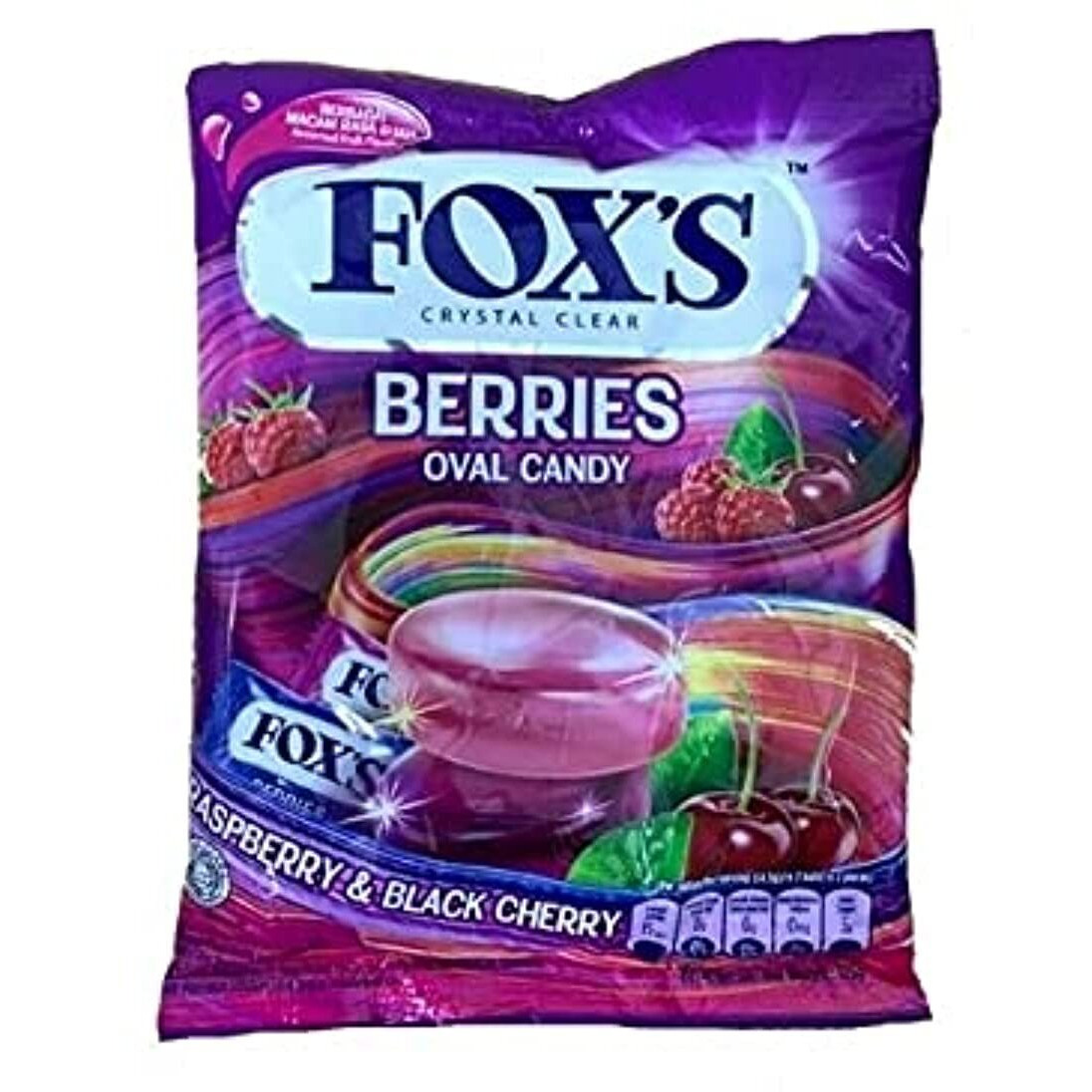 Foxs Berries Oval Hard Candy Raspberry & Black Cherry Flavor Packet, 125g, Purple & Red & White