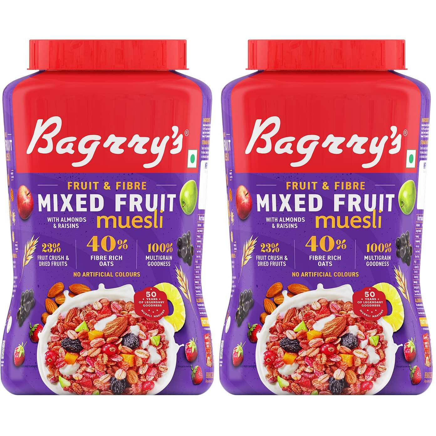Bagrrys Fruit N Fibre, Mixed Fruit Muesli, 1000 GM, Jar, Pack of 2