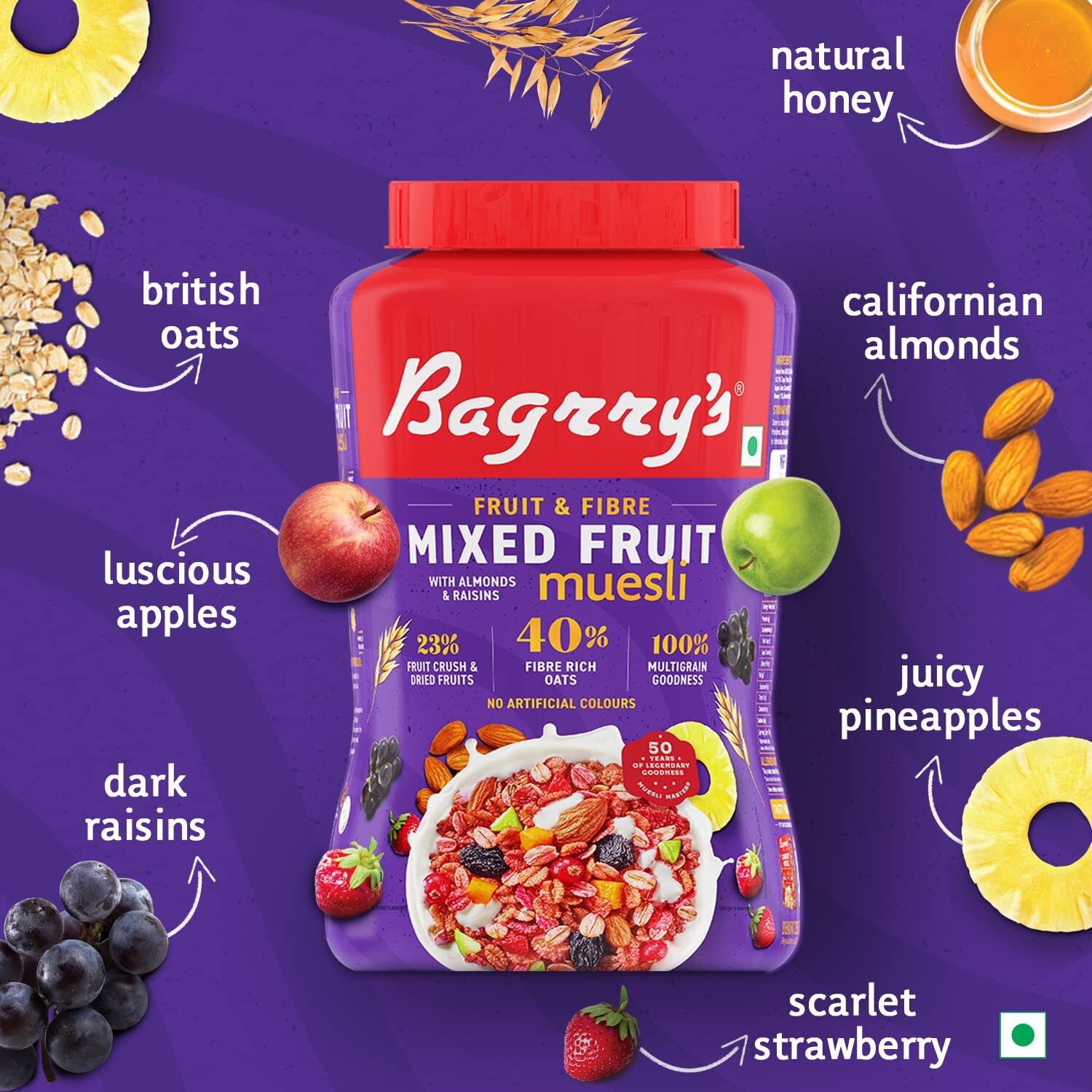 Bagrrys Fruit N Fibre, Mixed Fruit Muesli, 1000 GM, Jar, Pack of 2