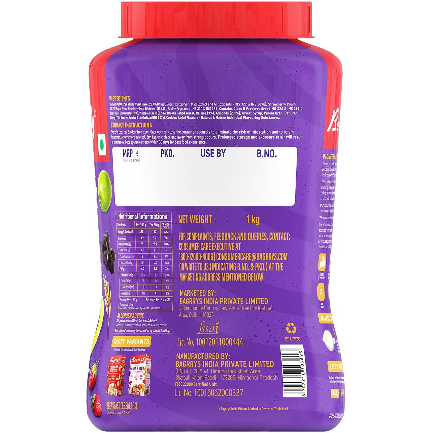 Bagrrys Fruit N Fibre, Mixed Fruit Muesli, 1000 GM, Jar, Pack of 2