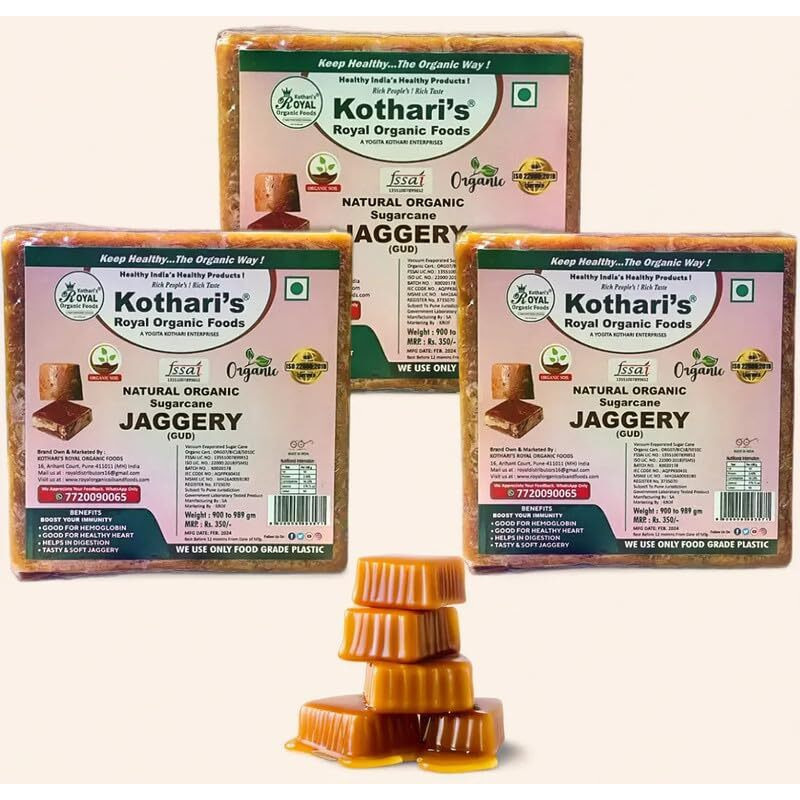 Kotharis Royal Organic Foods Jaggery Pack Of 3 2998 Gm(Sugarcane Jaggery Block/Gud/Gur/Gud Bhelli/Vellam/Sharkara Bellam/Nattu/Jaggey/Pure/Natural/No Preserveti