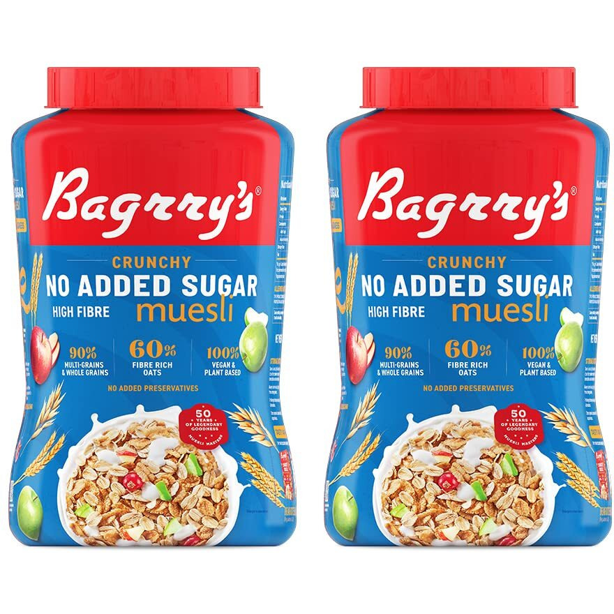 Bagrrys Crunchy Muesli No Added Sugar 0% | 90% Multi Grains | 60% Fibre Rich Oats with Bran | Whole Grain Breakfast Cereal | Helps Manage Weight | Vegan and Plant Based Muesli 1000g Jar, Pack of 2