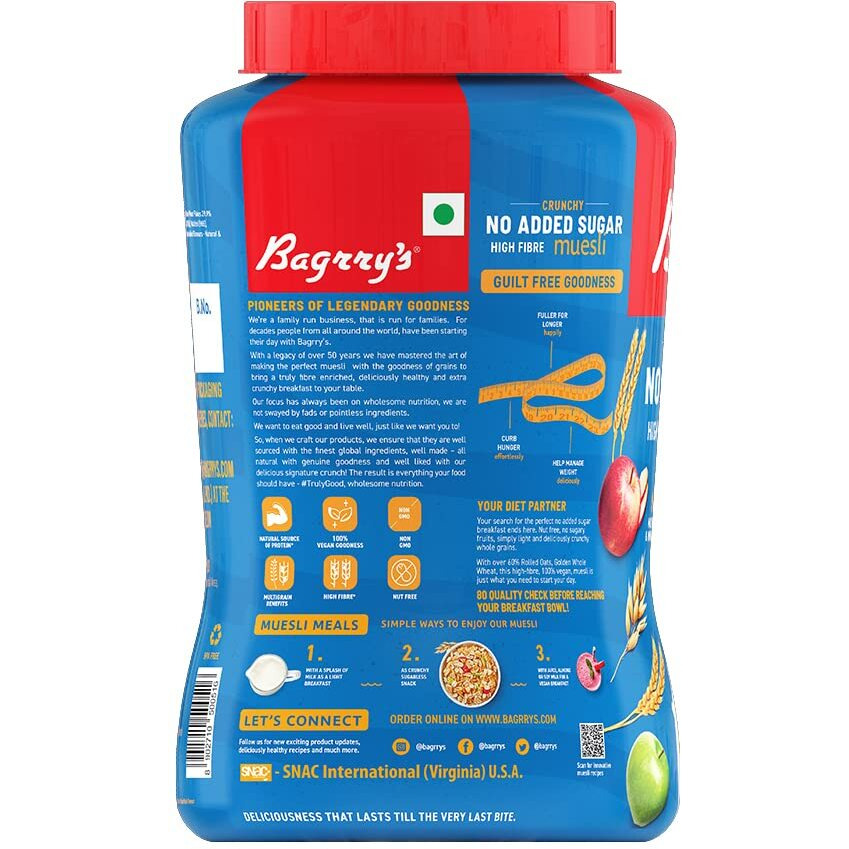 Bagrrys Crunchy Muesli No Added Sugar 0% | 90% Multi Grains | 60% Fibre Rich Oats with Bran | Whole Grain Breakfast Cereal | Helps Manage Weight | Vegan and Plant Based Muesli 1000g Jar, Pack of 2