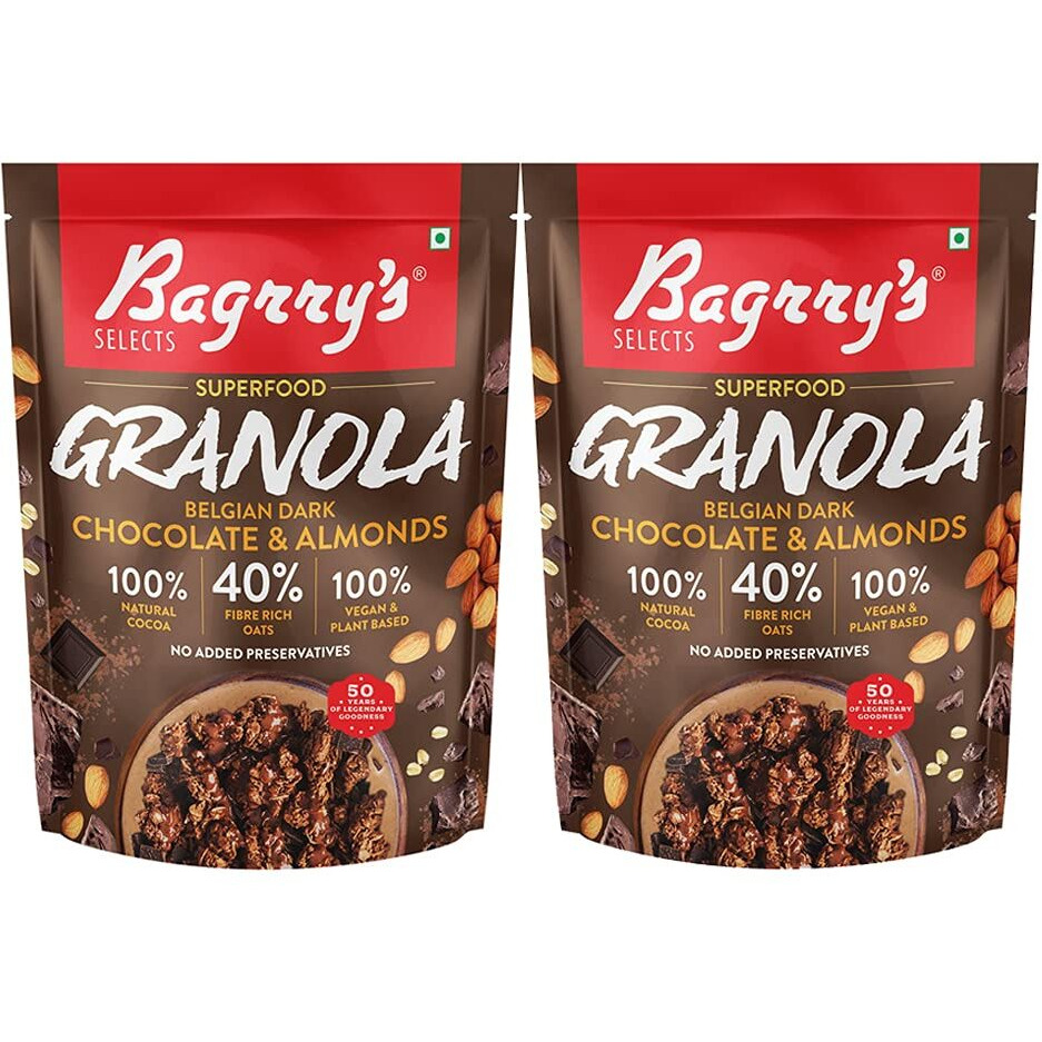 Bagrrys Superfood Granola Belgian Dark Chocolate & Almonds|40% Oats & Quinoa Flakes| 100% Natural Cocoa|Vegan & Plant Based|Crunchy Granola,400G (Pack Of 2)