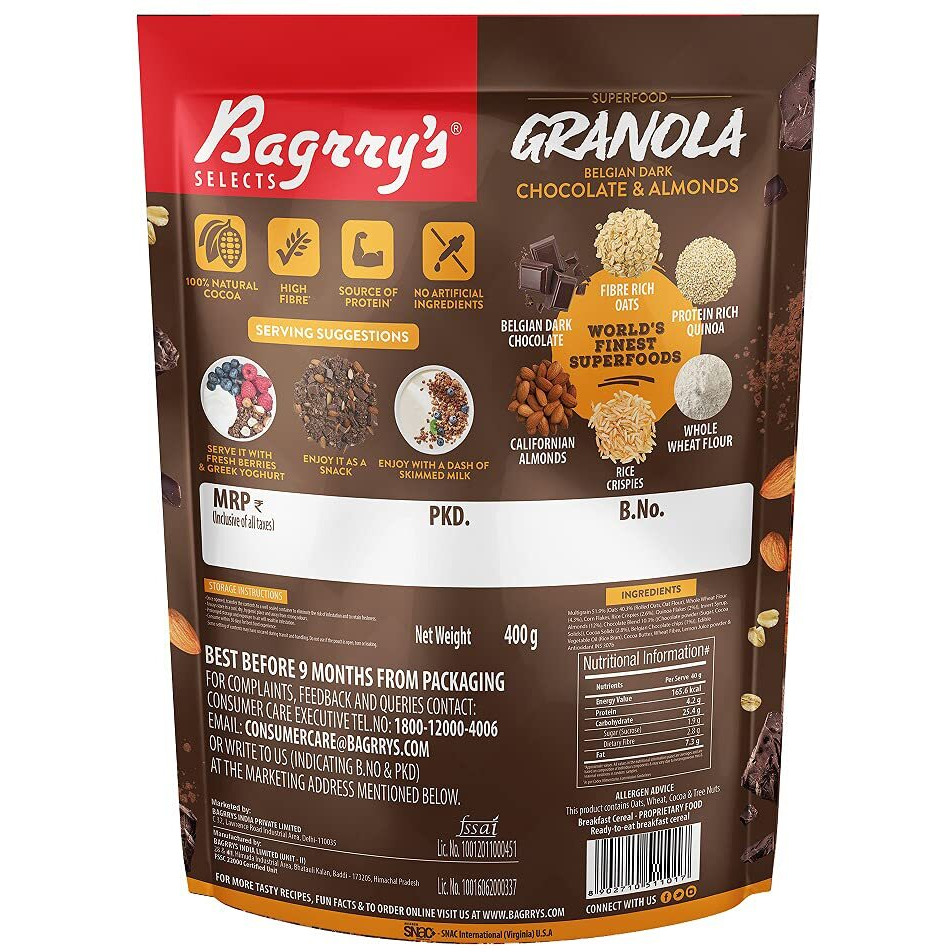 Bagrrys Superfood Granola Belgian Dark Chocolate & Almonds|40% Oats & Quinoa Flakes| 100% Natural Cocoa|Vegan & Plant Based|Crunchy Granola,400G (Pack Of 2)