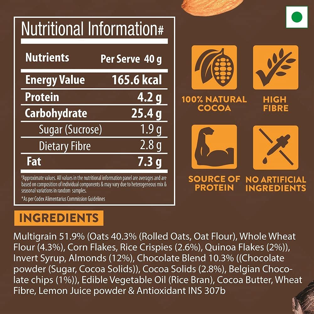 Bagrrys Superfood Granola Belgian Dark Chocolate & Almonds|40% Oats & Quinoa Flakes| 100% Natural Cocoa|Vegan & Plant Based|Crunchy Granola,400G (Pack Of 2)