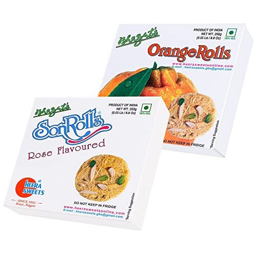 Bhagats Heera Sweets SonRoll Shree Heera Sweets - SonRoll Combo | Orange and Rose Flavoured SonRoll (250Gms Each) Preservatives Free Soft Flaky Sweets Mithai Box For Diwali Sweets Ganesh Chaturthi Rakhi Christmas Holi Valentine | For All Festivals