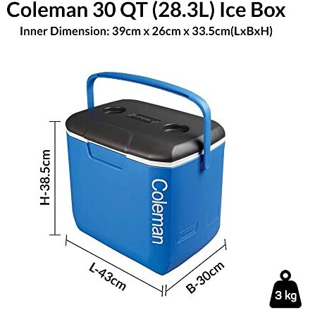 COLEMAN 30QT Excursion Ice Box, 28L, Large Cooler Box with Strong Handle, Holds 38 cans and 2L Bottles Upright, Blue