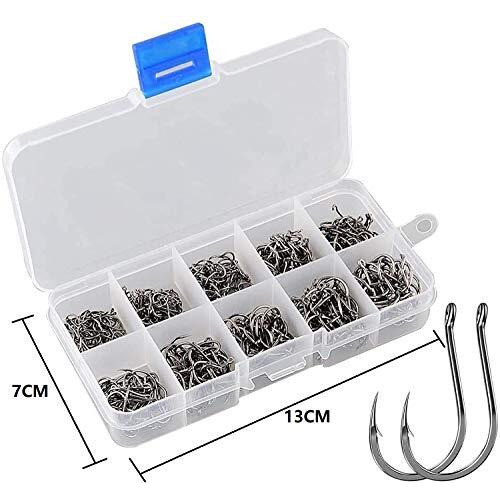Proberos 500pcs High Carbon Steel Fishing Hooks with Plastic Box, 10 Sizes Fish Hook with Barbs for Freshwater/Seawater, 3 - 12(50pcs/ Size)