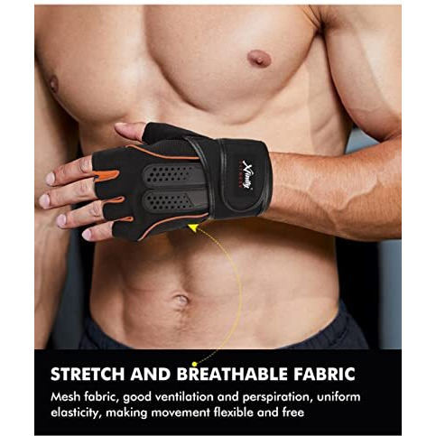 Xfinity Fitness Mens Gym Gloves with 12 Inch Wrist Support and Anti Slip Grip (One Size, Black-Orange)