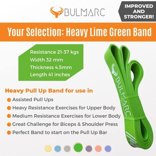 BULMARC s Resistance Band Pull Up Assist Power Bands with 65+ exercises for Workout, Muscle Tone, Weight Loss & Body Powerlifting (Lime Green, Heavy (21-37) KGS)