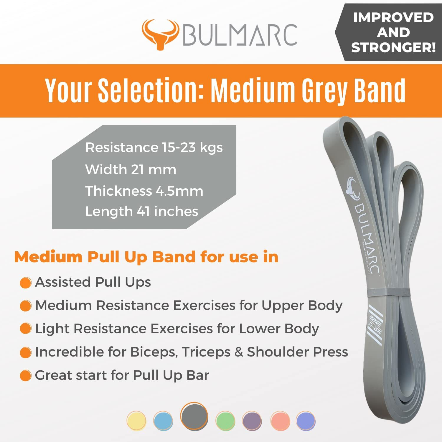 BULMARC s Resistance Band Pull Up Assist Power Bands with 65+ exercises for Workout, Muscle Tone, Weight Loss & Body Powerlifting (Grey, Medium (15-23) KGS)